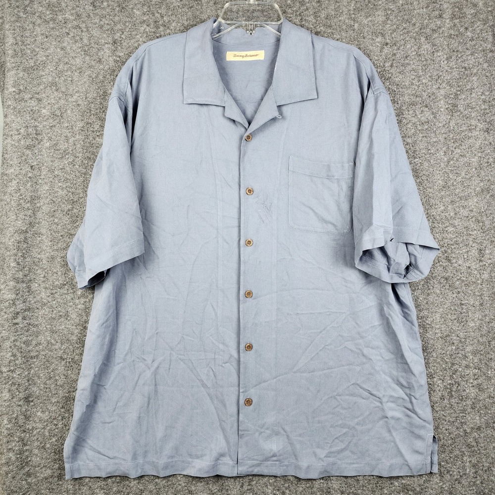Tommy Bahama Button Down Shirt Mens XXL Blue Herringbone Silk Blend Short Slv